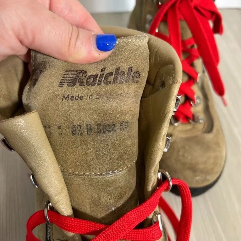 VTG Raichle Hiking Boots Womens 8.5 Suede Leather Red Laces Switzerland